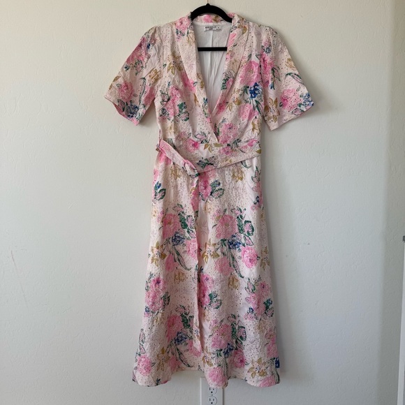 Miss Kelly 1999 Cottagecore Floral Embroidered Shawl Collar Belted Midi Dress - Picture 2 of 11